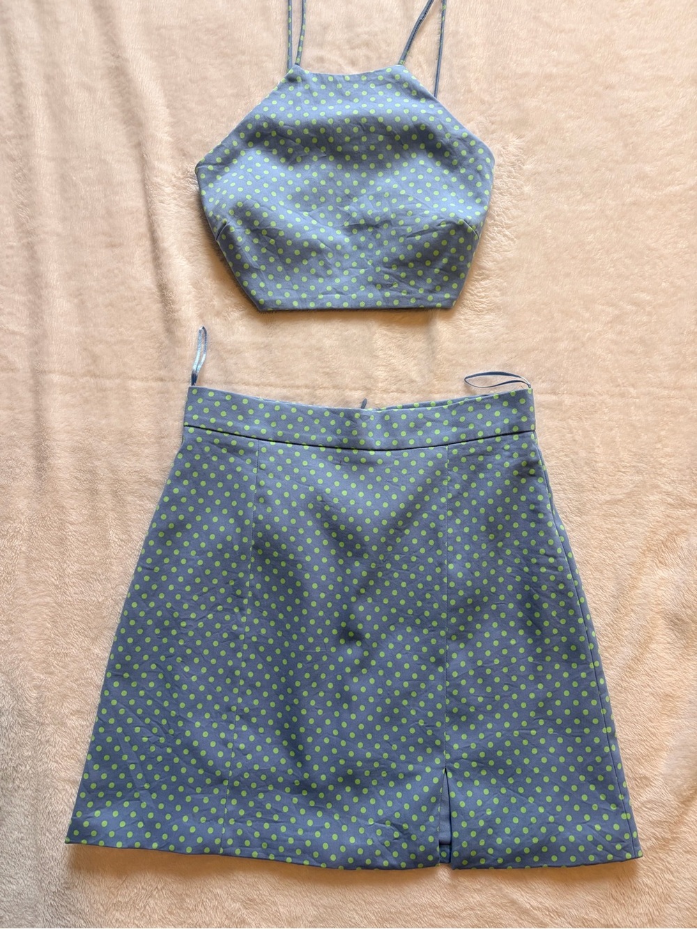 Zara Blue Mini Skirt with Green Polka Dots